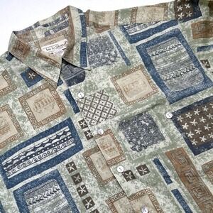 Tori Richard Mens Button Down Shirt Tan Brown Size XL Tribal Resortwear Hawaiian